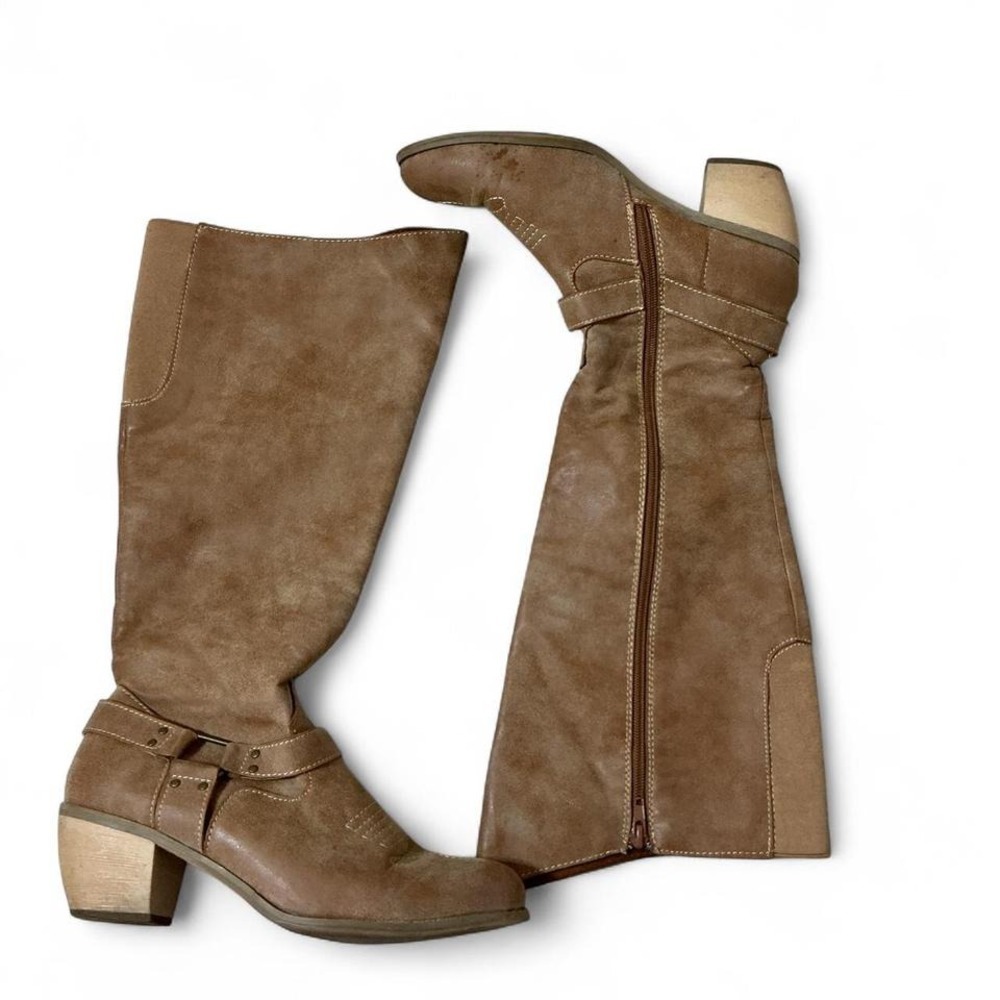 Rampage Western Harness Tall Boots Womens 8M Tan Suede Boho Block Heel RMGALEINA